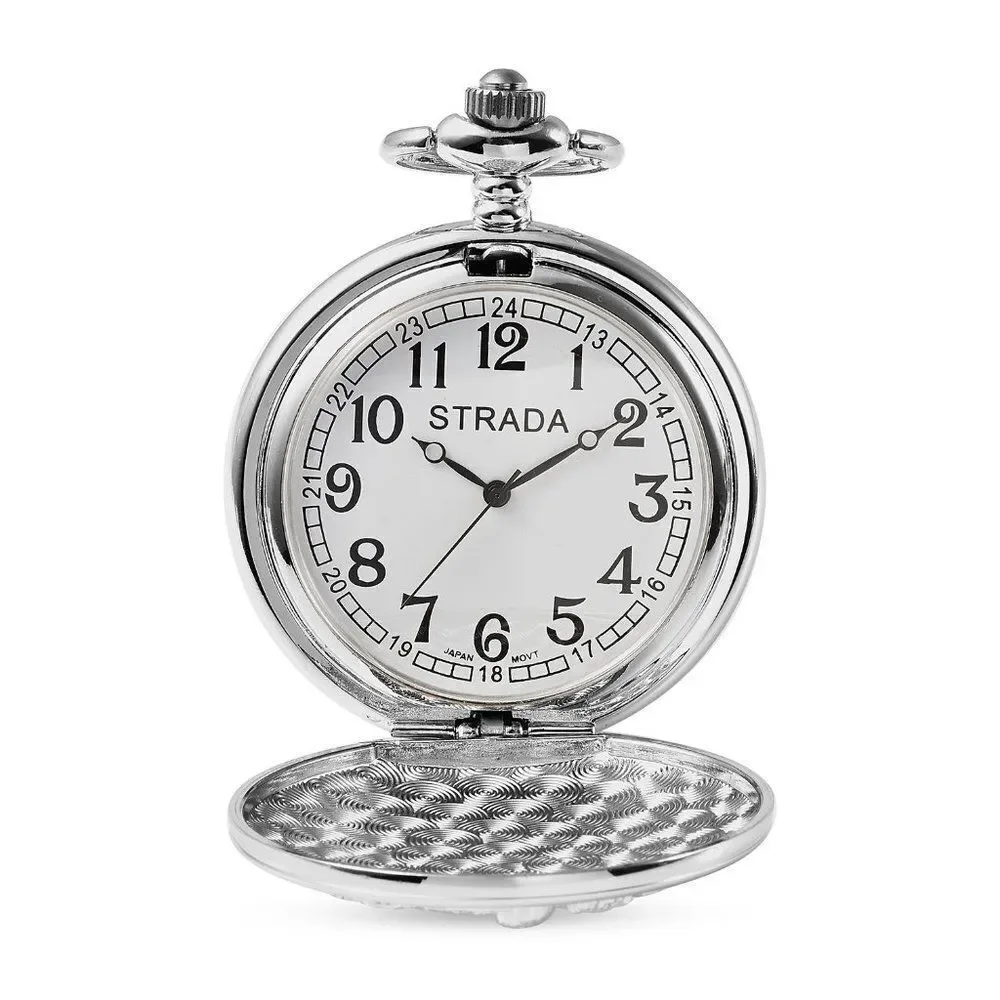 STRADA Statue of Liberty Head Pattern Pocket Watch Silvertone
